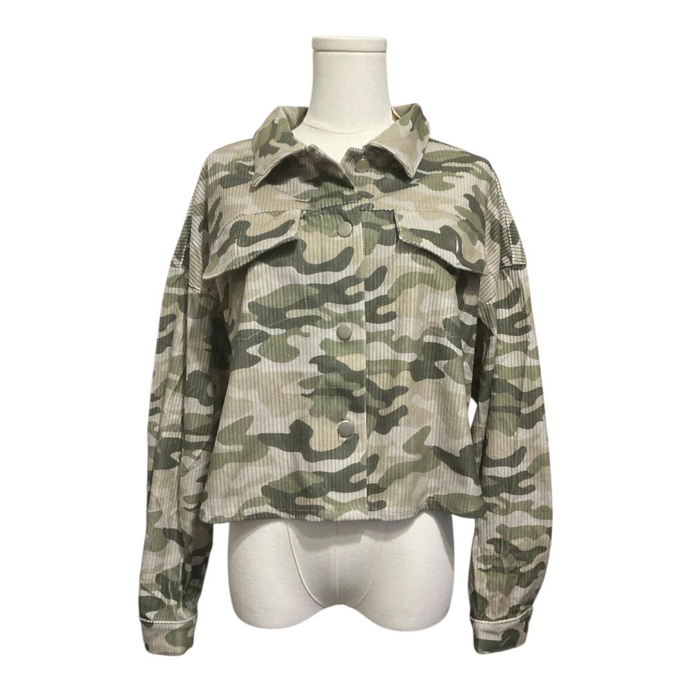 NWT Savanna Jane Women’s Camo Jacket L – Rhinestone Fringe Back, Faux Front A14